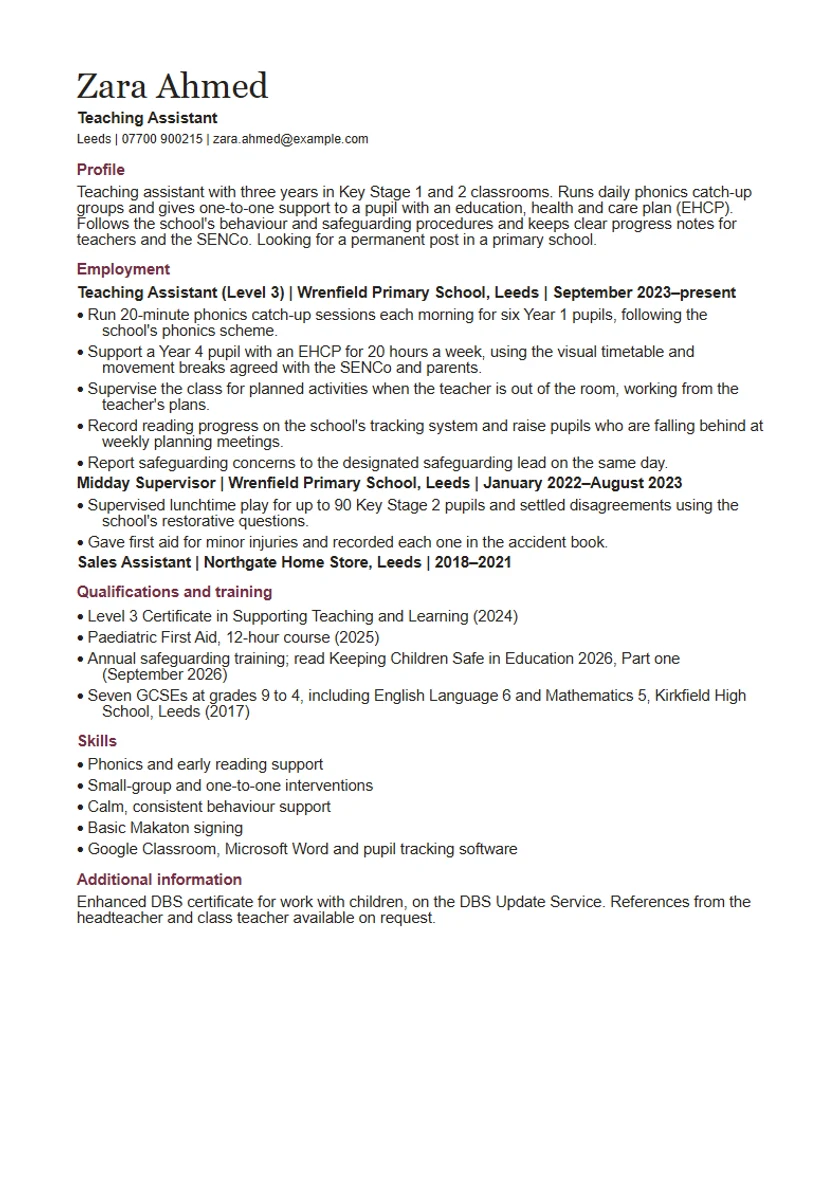 Teaching assistant CV example: fictional example, page 1. Full text is available below.