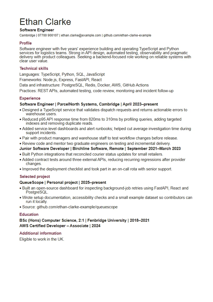 Technical CV template: first page of the fictional software engineer example, showing the section order Profile, Technical skills, Experience, Selected project, Education, Additional information.