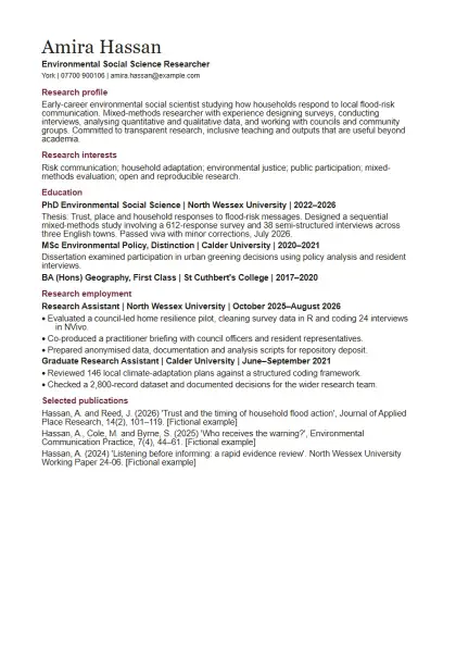 Academic CV template: full first page of the fictional example