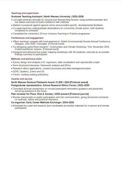 Academic CV template, complete fictional example, page 2