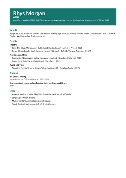 Actor CV example: first page of the fictional actor example in the Creative design, showing Details, Credits, Training, Skills.