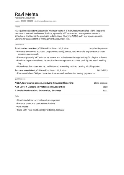 Assistant accountant CV example: first page of the fictional assistant accountant example in the Minimal design, showing Profile, Experience, Qualifications, Skills.