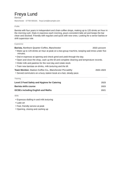 Barista CV example: first page of the fictional barista example in the Minimal design, showing Profile, Experience, Training, Skills.