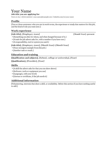 Blank CV in the Academic design with bracketed prompts under each heading