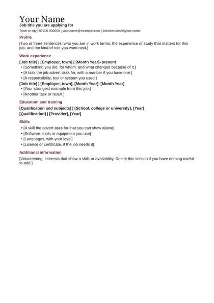Blank CV in the Classic design with bracketed prompts under each heading