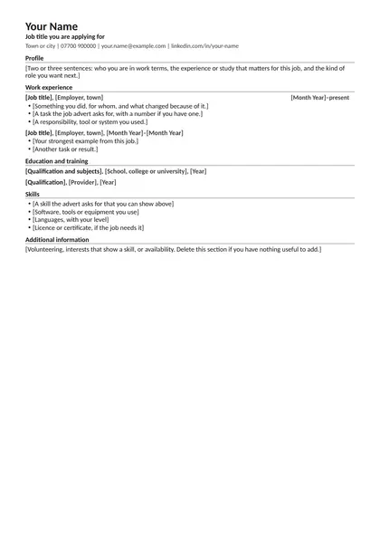 Blank CV in the Compact design with bracketed prompts under each heading