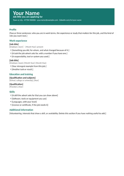 Blank CV in the Creative design with bracketed prompts under each heading