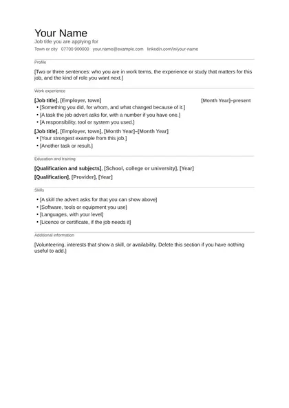 Blank CV in the Minimal design with bracketed prompts under each heading