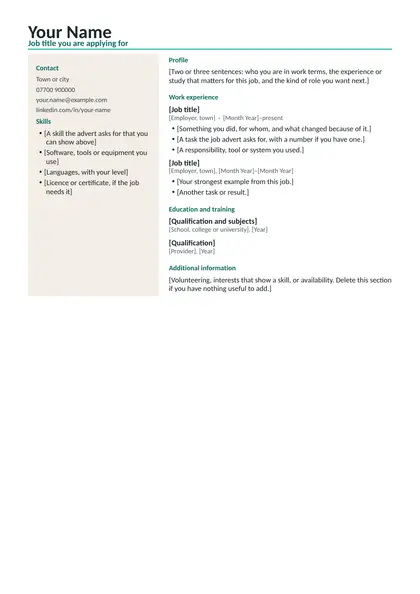 Blank CV in the Modern design with bracketed prompts under each heading