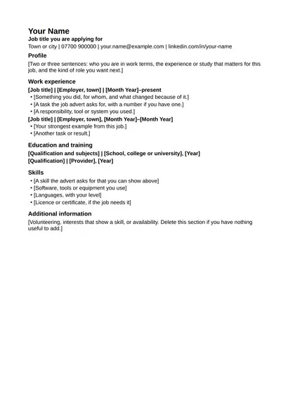Blank CV in the Plain design with bracketed prompts under each heading