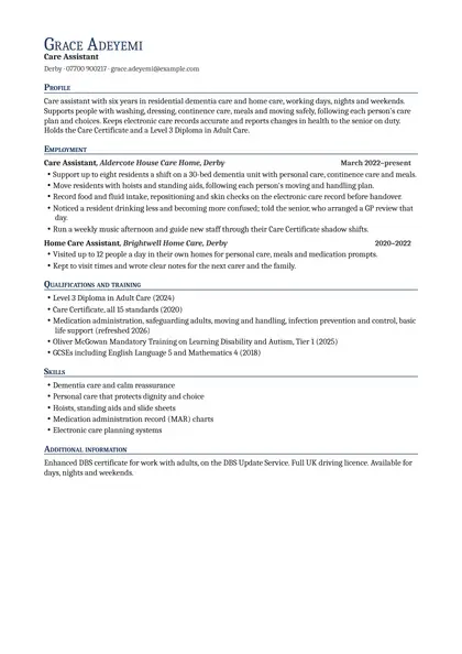Care assistant CV example: first page of the fictional care assistant example in the Professional design, showing Profile, Employment, Qualifications and training, Skills, Additional information.