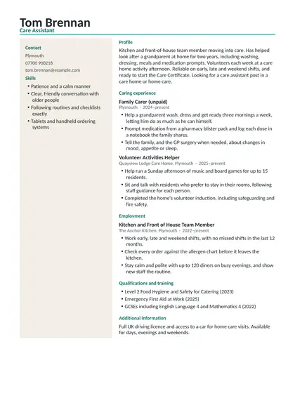 Care assistant CV with no experience: first page of the fictional care assistant example in the Modern design, showing Profile, Caring experience, Employment, Qualifications and training, Skills, Additional information.