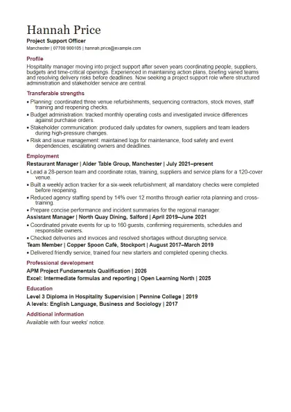 Career-change CV template: first page of the fictional project support officer example, showing the section order Profile, Transferable strengths, Employment, Professional development, Education, Additional information.