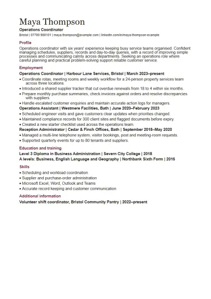 Chronological CV template: first page of the fictional operations coordinator example, showing the section order Profile, Employment, Education and training, Skills, Additional information.