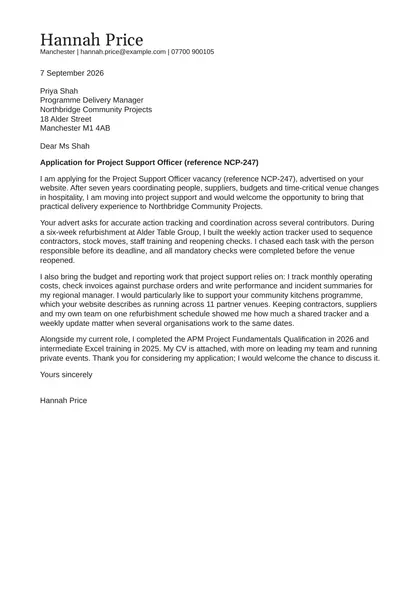 Classic cover letter: fictional example from Hannah Price applying for a project support role