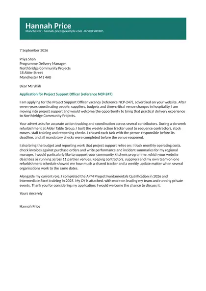 Creative cover letter: fictional example from Hannah Price applying for a project support role