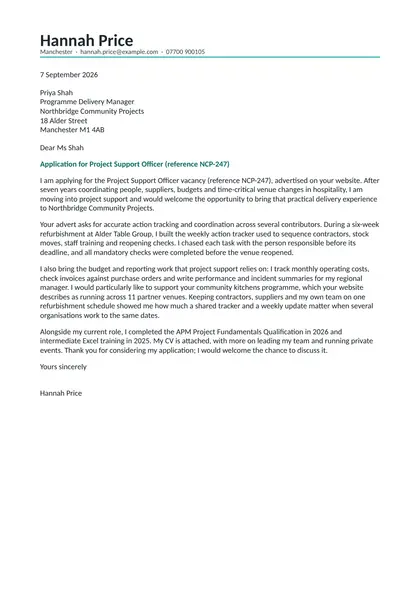 Modern cover letter: fictional example from Hannah Price applying for a project support role