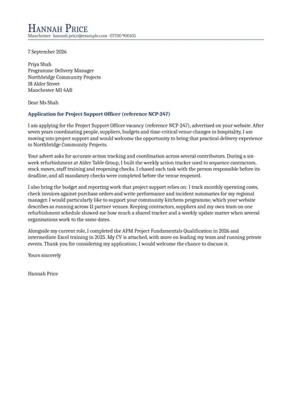 Professional cover letter: fictional example from Hannah Price applying for a project support role