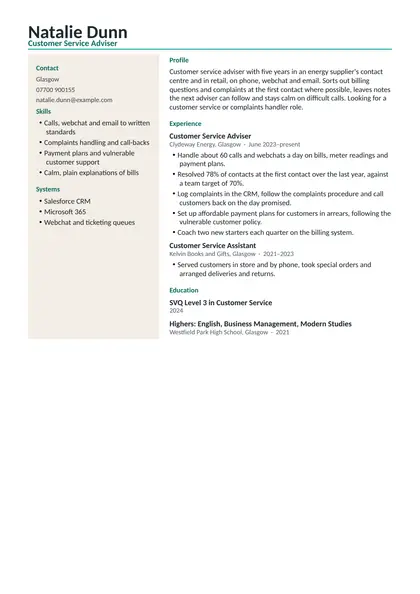 Customer service CV example: first page of the fictional customer service adviser example in the Modern design, showing Profile, Experience, Education, Skills, Systems.