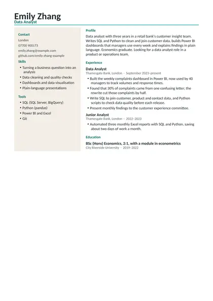 Data analyst CV example: first page of the fictional data analyst example in the Modern design, showing Profile, Experience, Education, Skills, Tools.