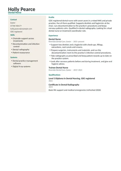 Dental nurse CV example: first page of the fictional dental nurse example in the Modern design, showing Profile, Experience, Qualifications, Skills, Systems.