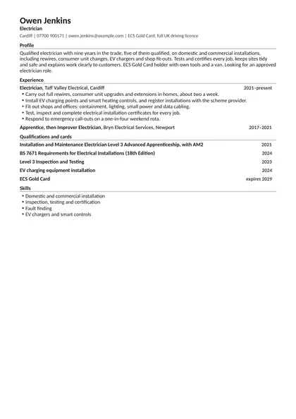 Electrician CV example: first page of the fictional electrician example in the Compact design, showing Profile, Experience, Qualifications and cards, Skills.