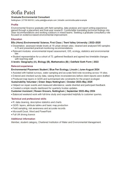 Graduate CV template: full first page of the fictional example