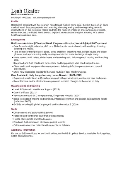 Healthcare assistant CV example: first page of the fictional healthcare assistant example in the Classic design, showing Profile, Employment, Qualifications and training, Skills, Additional information.