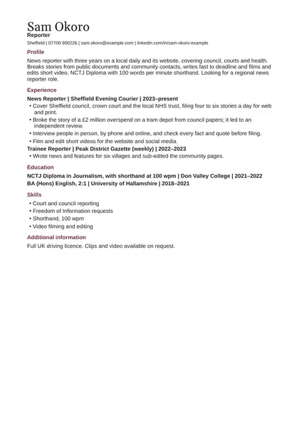 Journalist CV example: first page of the fictional reporter example in the Classic design, showing Profile, Experience, Education, Skills, Additional information.