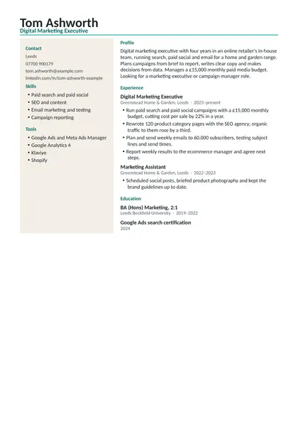 Marketing executive CV example: first page of the fictional digital marketing executive example in the Modern design, showing Profile, Experience, Education, Skills, Tools.