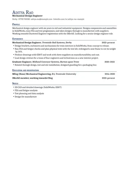 Mechanical engineer CV example: first page of the fictional mechanical design engineer example in the Professional design, showing Profile, Experience, Education and registration, Skills.