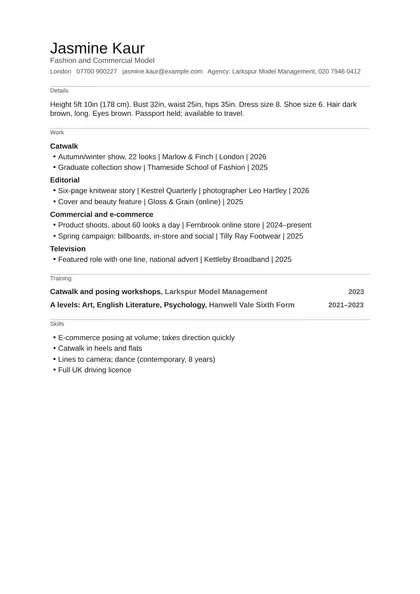 Model CV example: first page of the fictional fashion and commercial model example in the Minimal design, showing Details, Work, Training, Skills.