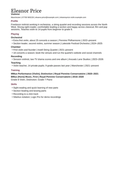 Musician CV example: first page of the fictional violinist example in the Classic design, showing Profile, Playing, Training, Skills.