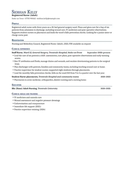 Nurse CV example: first page of the fictional registered nurse (adult) example in the Professional design, showing Profile, Registration, Clinical experience, Education, Clinical skills and training.
