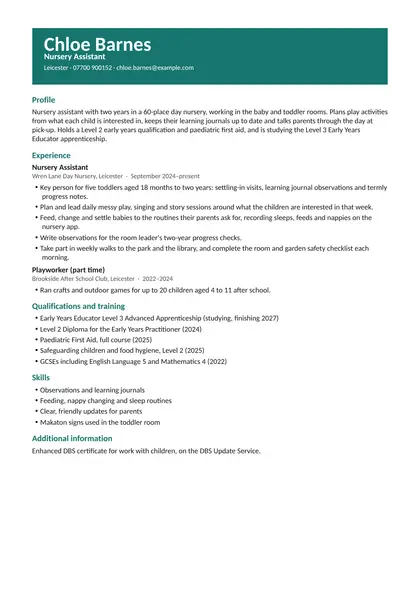 Nursery assistant CV example: first page of the fictional nursery assistant example in the Creative design, showing Profile, Experience, Qualifications and training, Skills, Additional information.