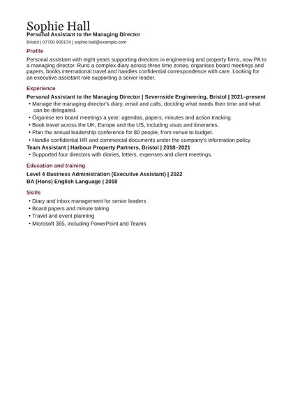 Personal assistant CV example: first page of the fictional personal assistant to the managing director example in the Classic design, showing Profile, Experience, Education and training, Skills.