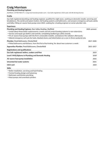 Plumber CV example: first page of the fictional plumbing and heating engineer example in the Compact design, showing Profile, Experience, Registrations and qualifications, Skills.
