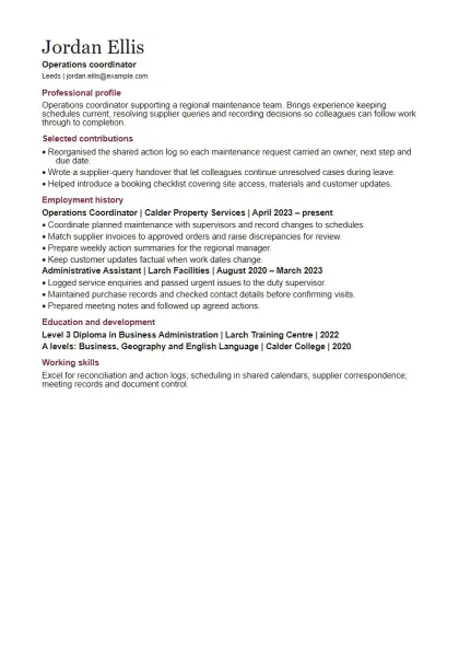 Professional CV template: full first page of the fictional example