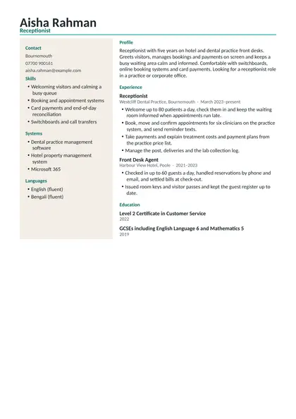 Receptionist CV example: first page of the fictional receptionist example in the Modern design, showing Profile, Experience, Education, Skills, Systems, Languages.