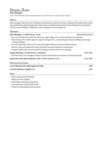 Retail manager CV example: first page of the fictional store manager example in the Professional design, showing Profile, Experience, Education and training, Skills.