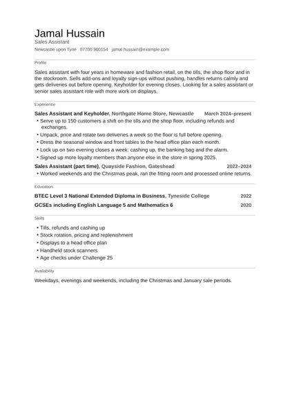 Sales assistant CV example: first page of the fictional sales assistant example in the Minimal design, showing Profile, Experience, Education, Skills, Availability.