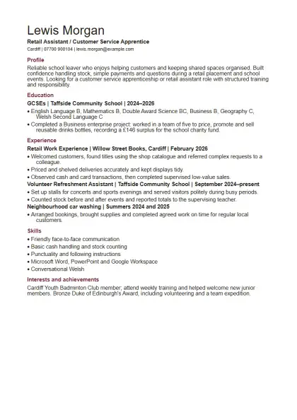 School-leaver CV template: first page of the fictional retail assistant / customer service apprentice example, showing the section order Profile, Education, Experience, Skills, Interests and achievements.