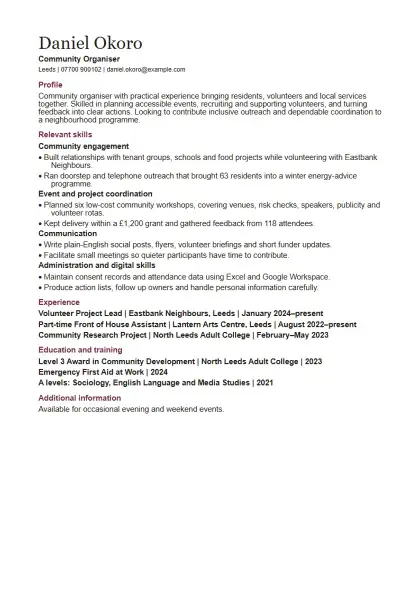 Skills-based CV template: full first page of the fictional example