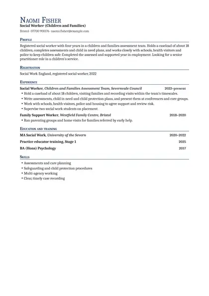 Social worker CV example: first page of the fictional social worker (children and families) example in the Professional design, showing Profile, Registration, Experience, Education and training, Skills.