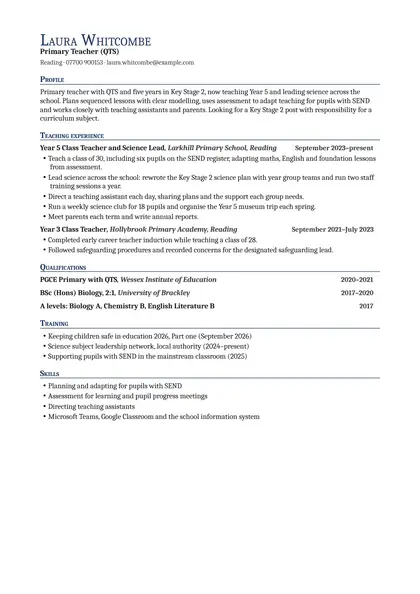 Teacher CV example: first page of the fictional primary teacher (qts) example in the Professional design, showing Profile, Teaching experience, Qualifications, Training, Skills.