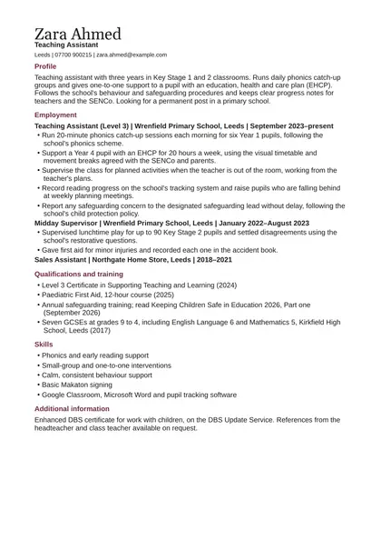 Teaching assistant CV example: first page of the fictional teaching assistant example in the Classic design, showing Profile, Employment, Qualifications and training, Skills, Additional information.