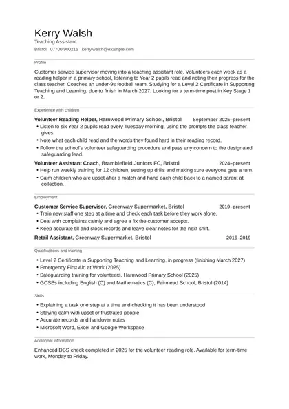 Teaching assistant CV with no experience: first page of the fictional teaching assistant example in the Minimal design, showing Profile, Experience with children, Employment, Qualifications and training, Skills, Additional information.