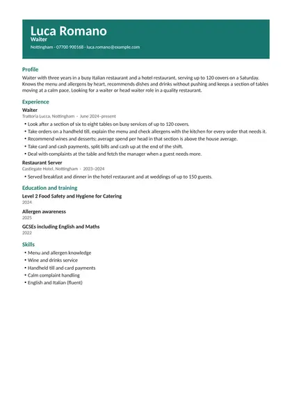 Waiter CV example: first page of the fictional waiter example in the Creative design, showing Profile, Experience, Education and training, Skills.