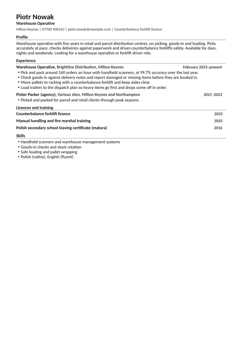 Warehouse operative CV example: fictional example, page 1. Full text is available below.